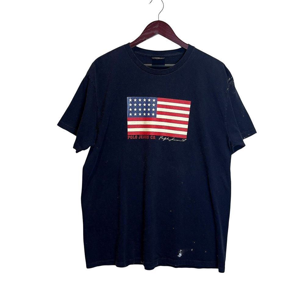 Vintage Polo Jeans Ralph Lauren Distressed American Flag T-Shirt Blue Sz L *Read